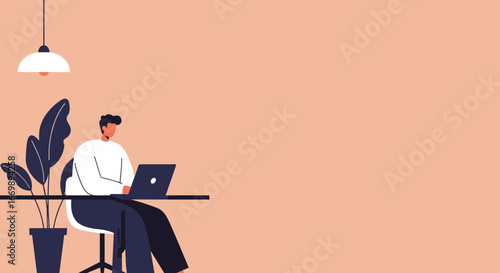 Modern man working remotely on a laptop at a minimalist home office desk, depicting flexible work, productivity, and contemporary lifestyle.