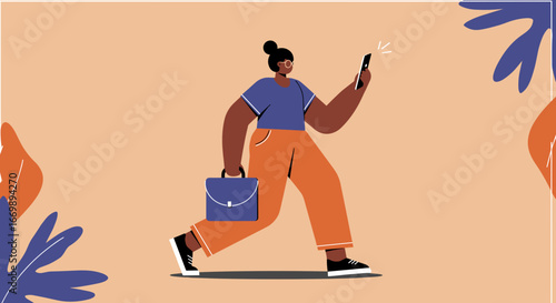 Professional woman walks confidently, checking her smartphone while carrying a briefcase. Represents mobile business communication and modern lifestyle.