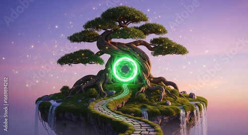 Wallpaper Mural Magical floating island with bonsai tree, neon portal in trunk, glowing fireflies, and gradient sky from violet to pink Torontodigital.ca