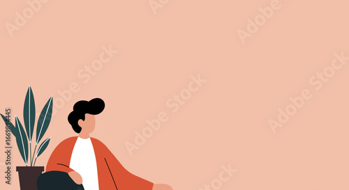 Minimalist illustration of a person relaxing casually at home next to a potted plant, representing modern lifestyle and self-care.