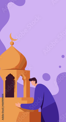 Man reverently touches a mosque with a crescent moon, symbolizing Islamic faith and devotion. Perfect for Ramadan, Eid, and cultural themes.