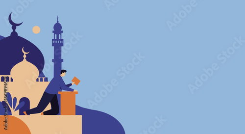 Man kneeling and reading a book in front of a mosque, symbolizing Islamic devotion, learning, or culture during Ramadan. Ideal for religious, cultural, and educational themes.