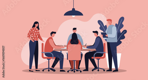 Business team collaborating in a modern office meeting, discussing ideas and planning strategy for corporate growth and success.