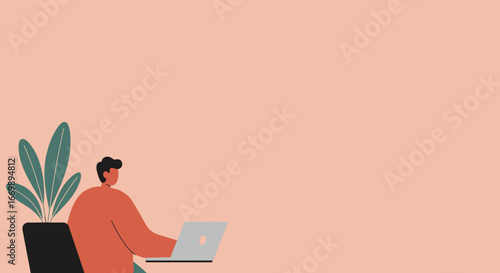 Person working on a laptop at a desk with a plant, representing remote work, productivity, and modern lifestyle. Ideal for business, technology, or educational themes.