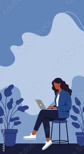 Focused woman working on a laptop in a modern, abstract blue interior with plants. Ideal for concepts of remote work, online education, or digital freelancing.