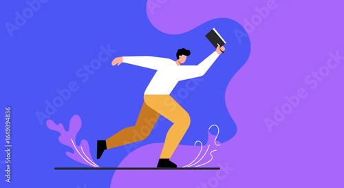 A determined man runs forward, holding a book high, symbolizing knowledge, achievement, and fast progress in education or business. Ideal for concepts of learning and success.