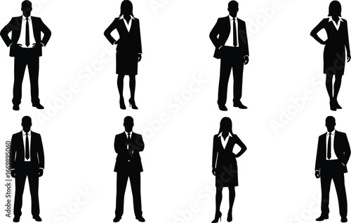 Silhouettes of professional business people standing, confident poses, men and women, formal attire, suits and dresses, isolated white background, corporate team, leadership, teamwork concept