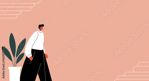 Stylish man in casual wear standing with a potted plant against a minimalist peach background. Ideal for lifestyle, business, or wellness concepts.