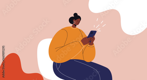 Modern illustration of a woman engaged with her smartphone, symbolizing digital communication, online connectivity, and lifestyle technology.
