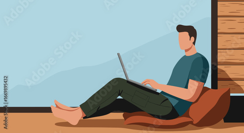 Casual man comfortably working remotely on his laptop at home. Illustrates freelance lifestyle, online education, or modern productivity.