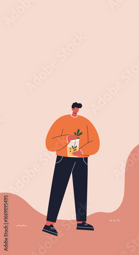 A man holding a clear jar with a green plant sprout, symbolizing growth, sustainability, and care for nature. Ideal for environmental, wellness, and lifestyle content.