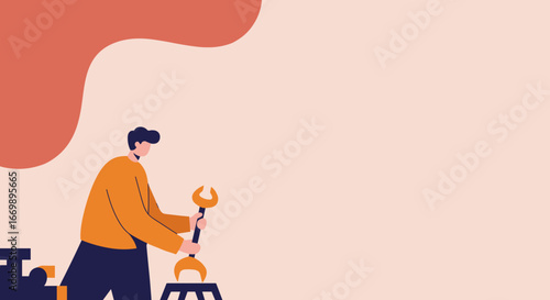 Man illustration holding a large wrench, symbolizing repair, problem-solving, and professional technical support. Ideal for service, maintenance, or engineering concepts.