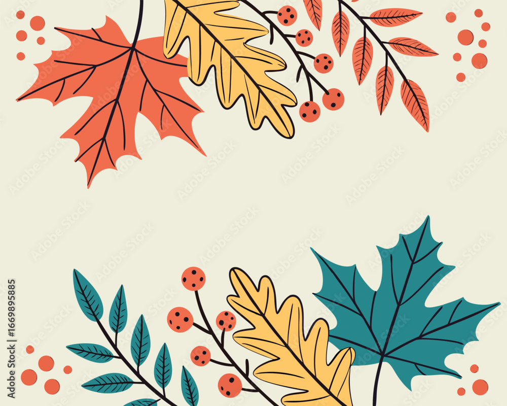 Fototapeta premium Vector art of decorative border with colorful autumn maple leaves and berries