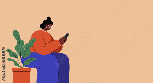 Illustration of a woman in glasses using her smartphone, relaxing near a houseplant. Represents digital communication, online activity, and modern lifestyle.