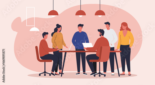 Diverse professionals collaborate in a modern office meeting, discussing business strategies and ideas. Represents teamwork, innovation, and partnership.