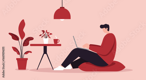 Professional working remotely on a laptop in a comfortable, modern home environment with plants and coffee. Ideal for remote work, lifestyle.