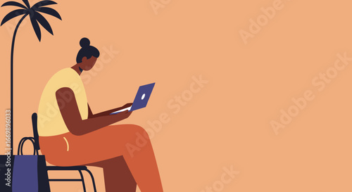 Person working remotely on laptop under a palm tree. Represents flexible work, digital nomad lifestyle, and travel business. Ideal for modern work concepts.
