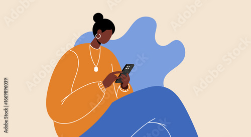 Young woman focused on her smartphone, engaging with digital content, communication, or online work. Represents modern lifestyle, technology, and connectivity.