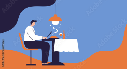 A man enjoys a solo dinner at a restaurant, savoring his steaming meal with a glass of wine under a warm lamp. Perfect for hospitality and lifestyle concepts.