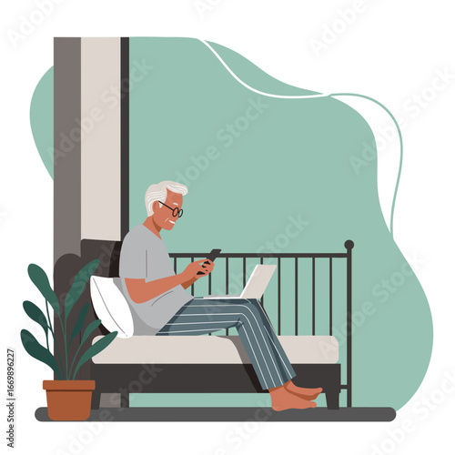 Smiling senior man enjoying modern digital lifestyle, using smartphone and laptop comfortably on a balcony.