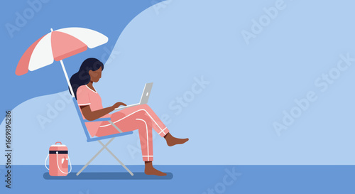 Woman working on laptop under a beach umbrella, illustrating a flexible remote work lifestyle, digital nomadism, and summer productivity.