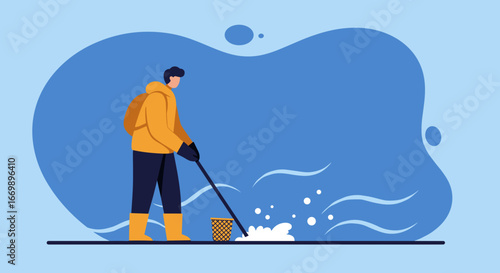 Person actively cleaning an outdoor area, collecting waste with a tool. Ideal for environmental conservation, community service, and eco-friendly lifestyle concepts.