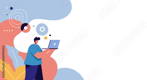 Vibrant flat illustration featuring a man using a laptop amidst abstract shapes. Represents digital communication, online learning, business, remote work, and technology concepts.