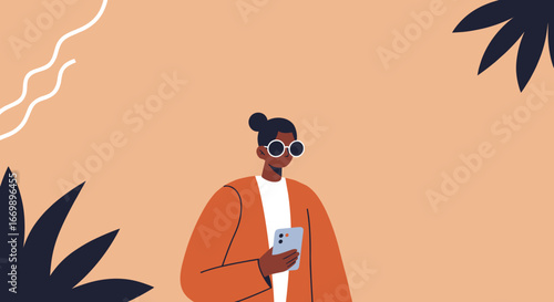 Modern illustration of a stylish individual using a smartphone, embodying digital connection, leisure, and contemporary lifestyle themes.