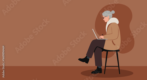 An active senior woman with glasses works diligently on her laptop, holding a pen. This illustration represents elderly engagement with technology, remote work, or lifelong learning.