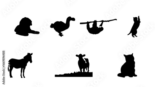Silhouette collection of animals great for logos, stickers, design, and educational materials with lions and zebras