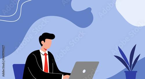Professional businessman working diligently on his laptop in a modern, stylized office environment. Ideal for concepts of productivity, digital work, and corporate success.