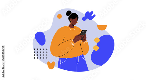 Modern young woman using a smartphone for digital communication and online interaction. Illustrates technology, connectivity, lifestyle, and app usage.