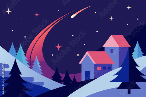 A magical Christmas winter village landscape at night with snow-covered houses, trees, and a bright moon in the sky