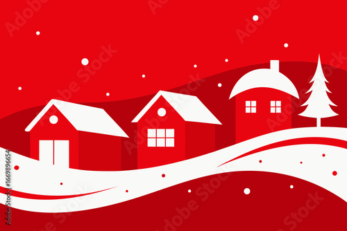 A whimsical Christmas card illustration of a snowy winter landscape with a decorated house, village, and trees under a starry night sky