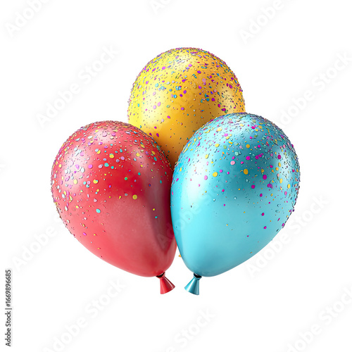 3 vibrant balloons, red, yellow, & blue, confetti sprinkled, against black background