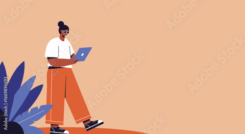 Stylized illustration of a modern person walking casually while using a laptop, representing remote work, digital lifestyle, and mobile productivity.