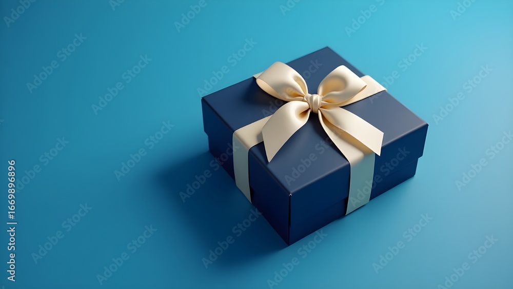 Obraz premium Dark blue gift box with ribbon placed on a sky blue background. The box has clean, sharp edges and a matte finish, giving it a minimalistic yet elegant appearance.