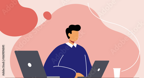 Professional working efficiently on two laptops at a desk, depicting remote work, multitasking, and digital lifestyle. Ideal for business and technology themes.