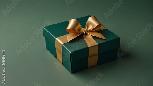 A dark green gift box with clean, sharp edges and a matte finish, giving it a minimalistic yet elegant appearance. The overall scene feels calm, modern, and sophisticated, with a touch of celebration.