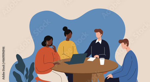 Diverse business team collaborating around a table with a laptop, discussing ideas in a modern office setting. Represents teamwork, strategy, and innovation.