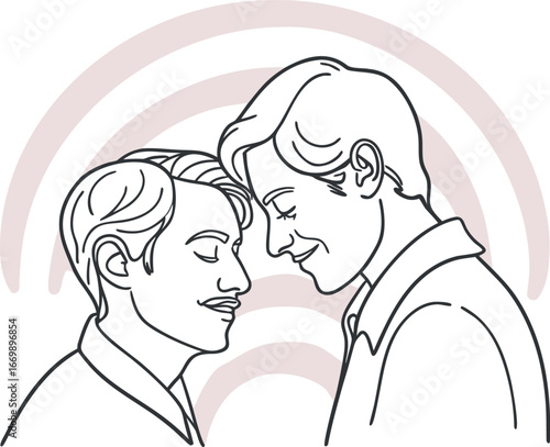 Vector art of two men in love with a rainbow behind them
