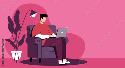 Young person working remotely on laptop from a comfortable armchair at home. Represents freelance work, online education, or digital lifestyle.