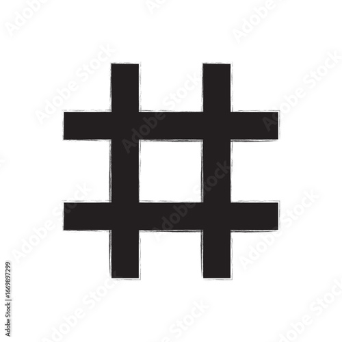 Hand drawn brush stroke dirty art hashtag symbol icon sign isolated on white background. Black and white composition of the symbol hashtag
