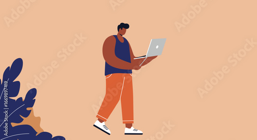 Modern illustration of a man working remotely on his laptop. Represents digital lifestyle, freelance, and online business productivity.