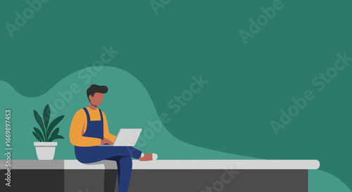 Minimalist illustration of a person working remotely on a laptop, emphasizing modern work-life balance and flexible digital communication.