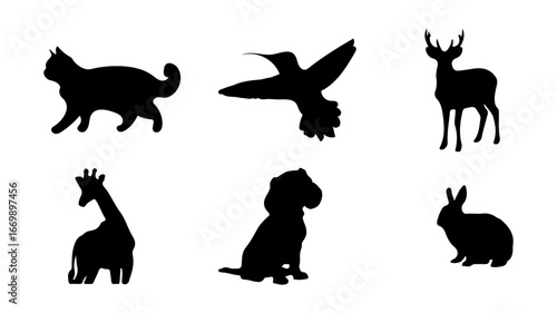 Adorable animal silhouette collection featuring a playful cat, hummingbird, deer, giraffe, dog and rabbit