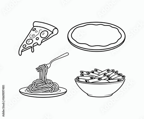 Pizza and pasta hand drawn food outline vector template set