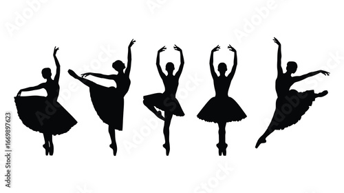 Silhouette of five graceful ballerinas in various poses, isolated on white background, showcasing the beauty and elegance of ballet dance