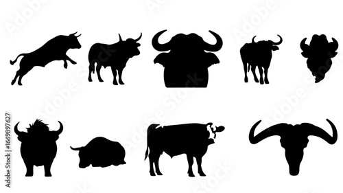 Powerful bull silhouettes collection livestock and wildlife icons for branding or design needs