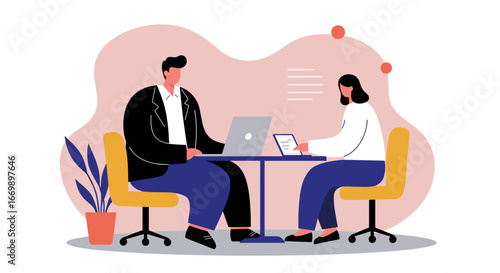 Two professionals collaborate at a modern office table, utilizing a laptop and tablet for efficient teamwork and communication. Ideal for business, technology, and productivity concepts.